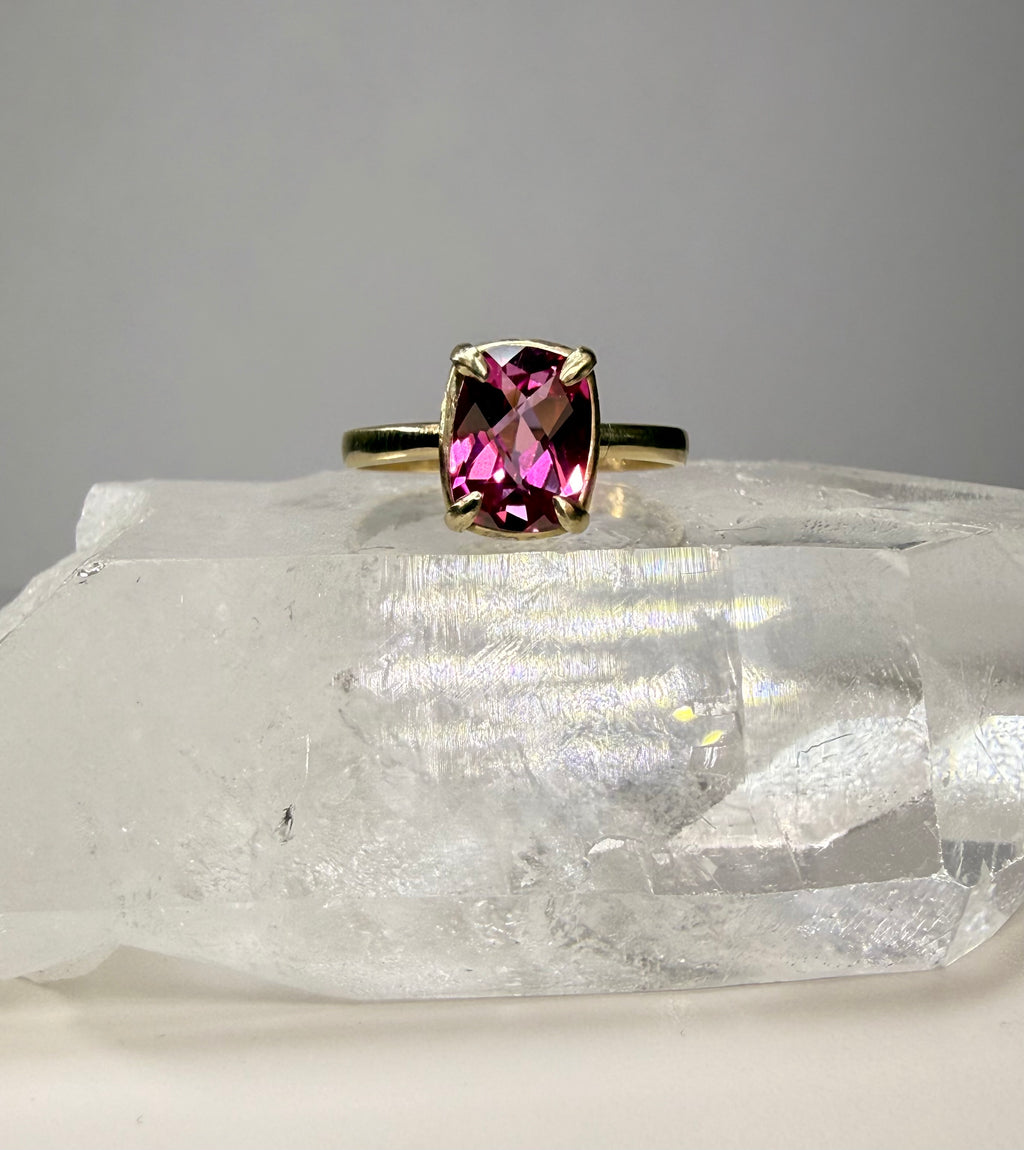 14k Yellow Gold Cushion Checkerboard Cut Natural Pink Mystic Topaz Ring