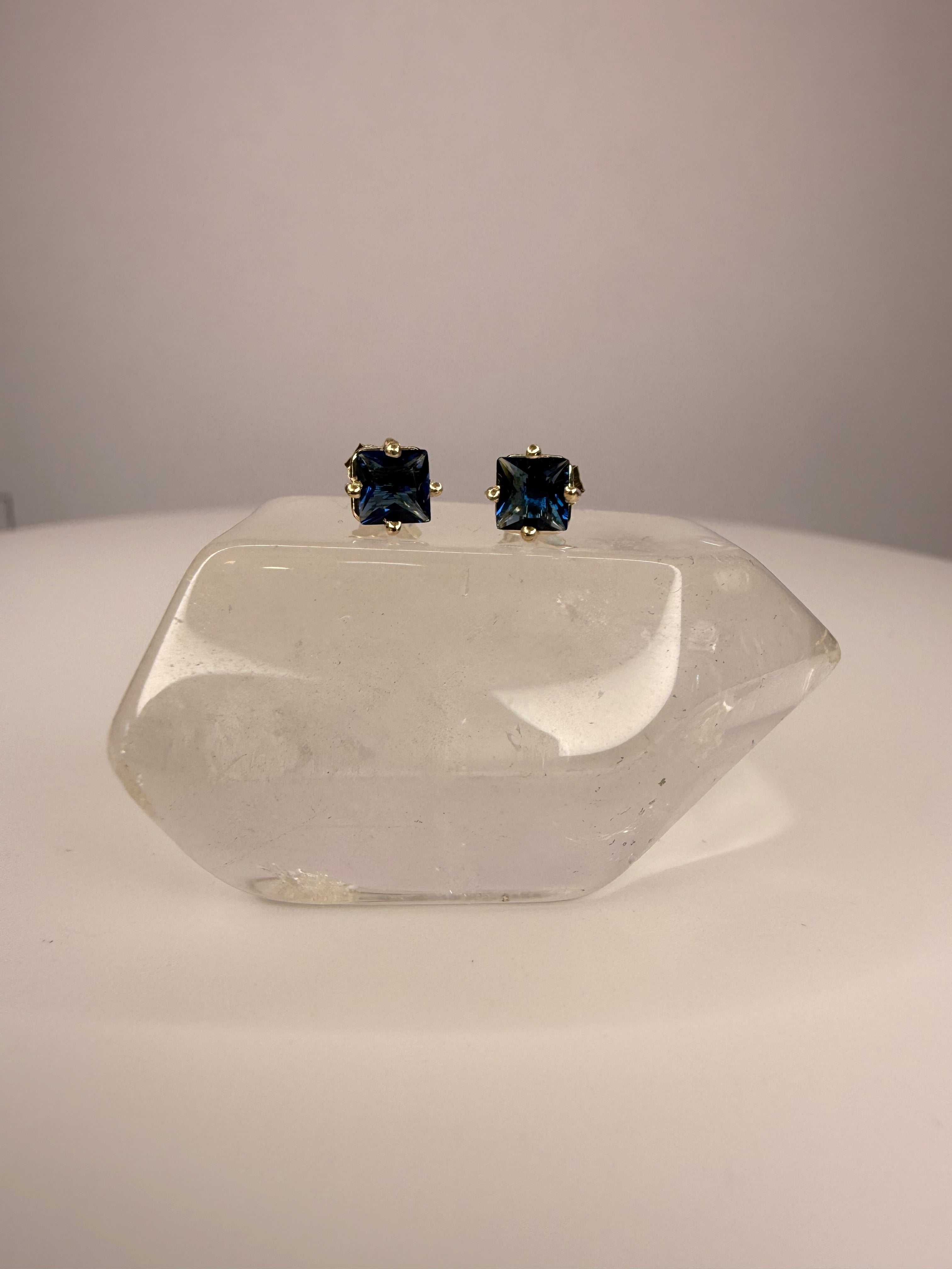 10k Yellow Gold Natural Princess Cut Sapphire Earrings