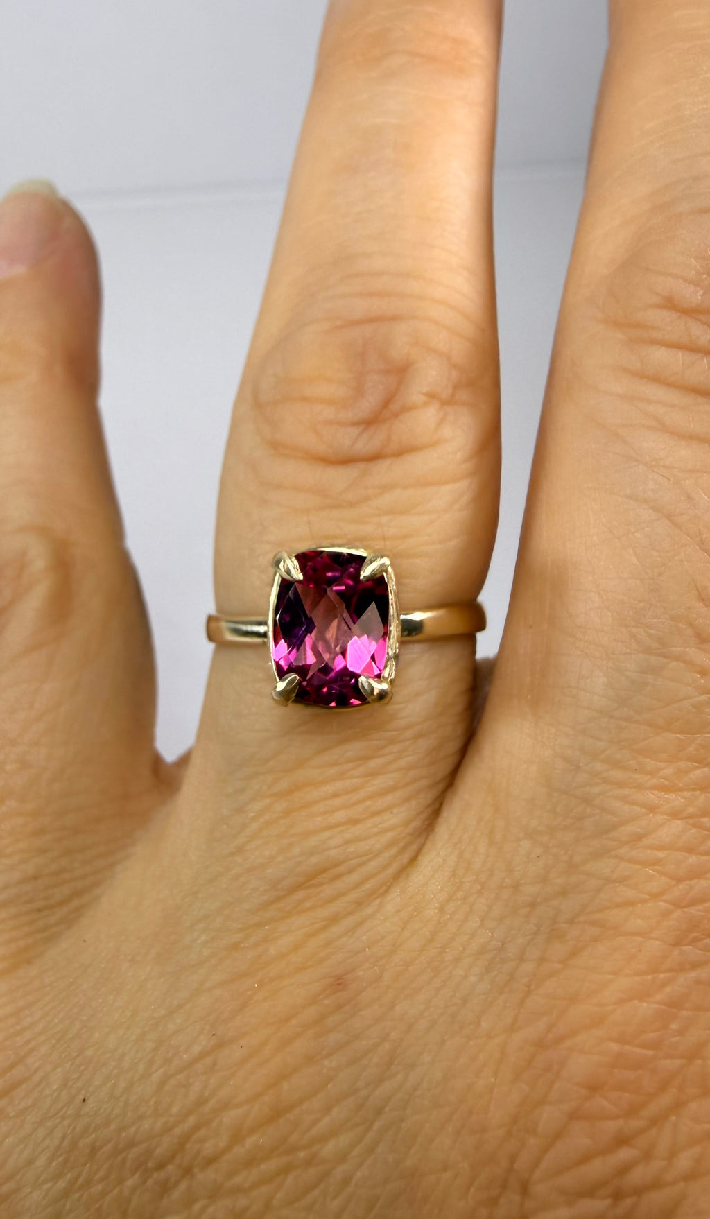 14k Yellow Gold Cushion Checkerboard Cut Natural Pink Mystic Topaz Ring