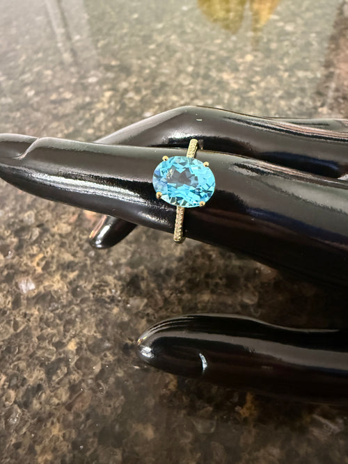 10k Yellow Gold Natural Blue Topaz and Diamond Accent Ring (10mm x 8mm)