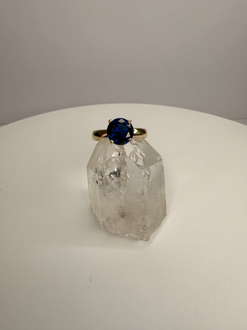 14k Solid Yellow Gold Round Blue Sapphire Ring
