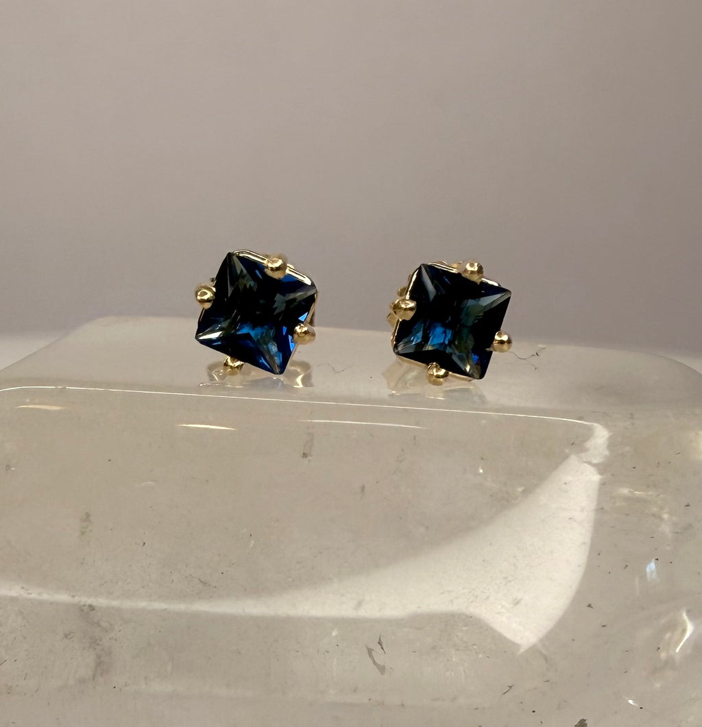 10k Yellow Gold Natural Princess Cut Sapphire Earrings