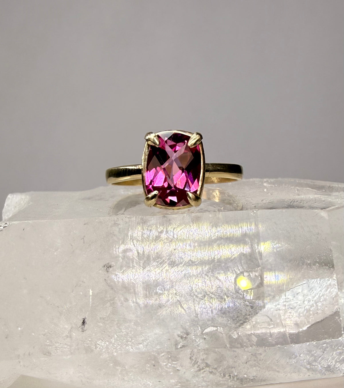 14k Yellow Gold Cushion Checkerboard Cut Natural Pink Mystic Topaz Ring