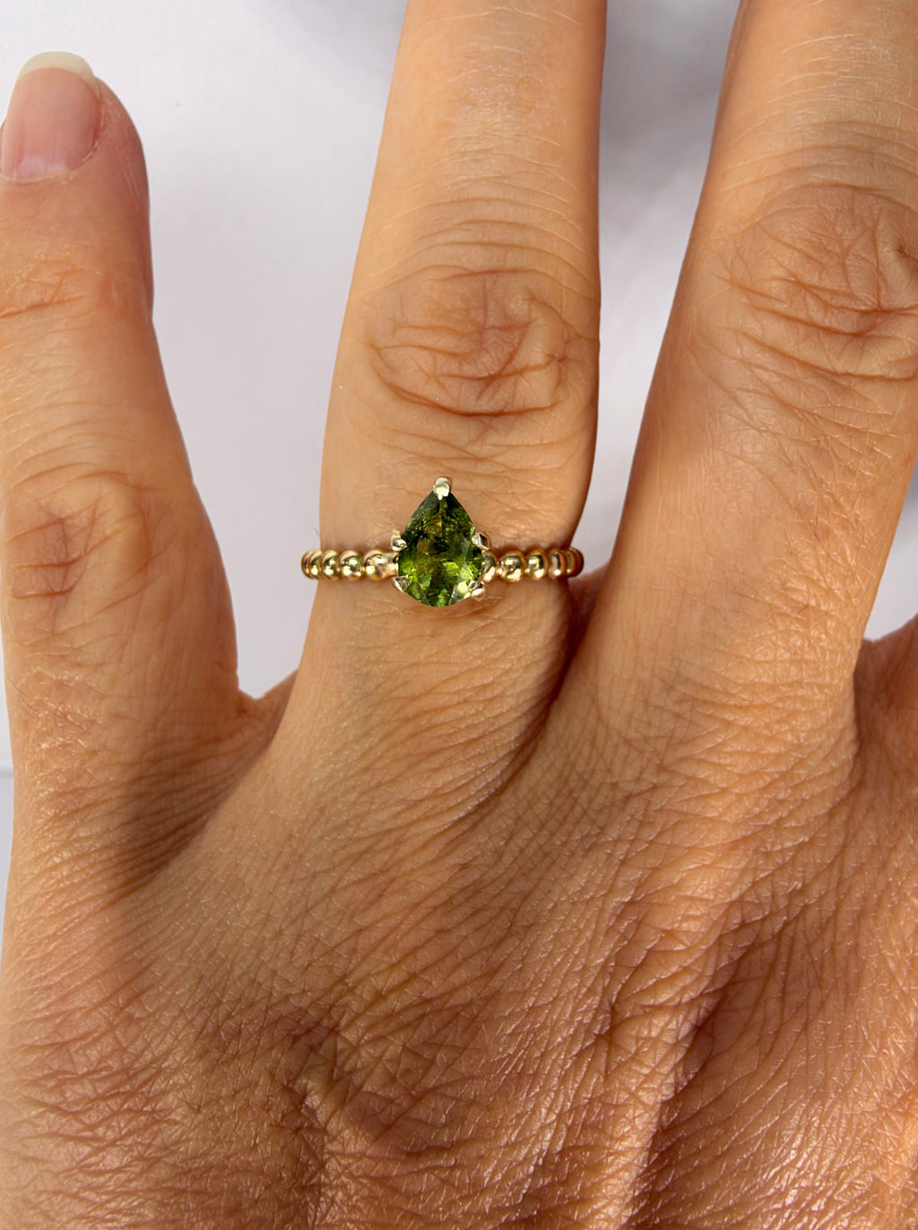 14k Yellow Gold Pear Cut Natural Green Tourmaline Ring