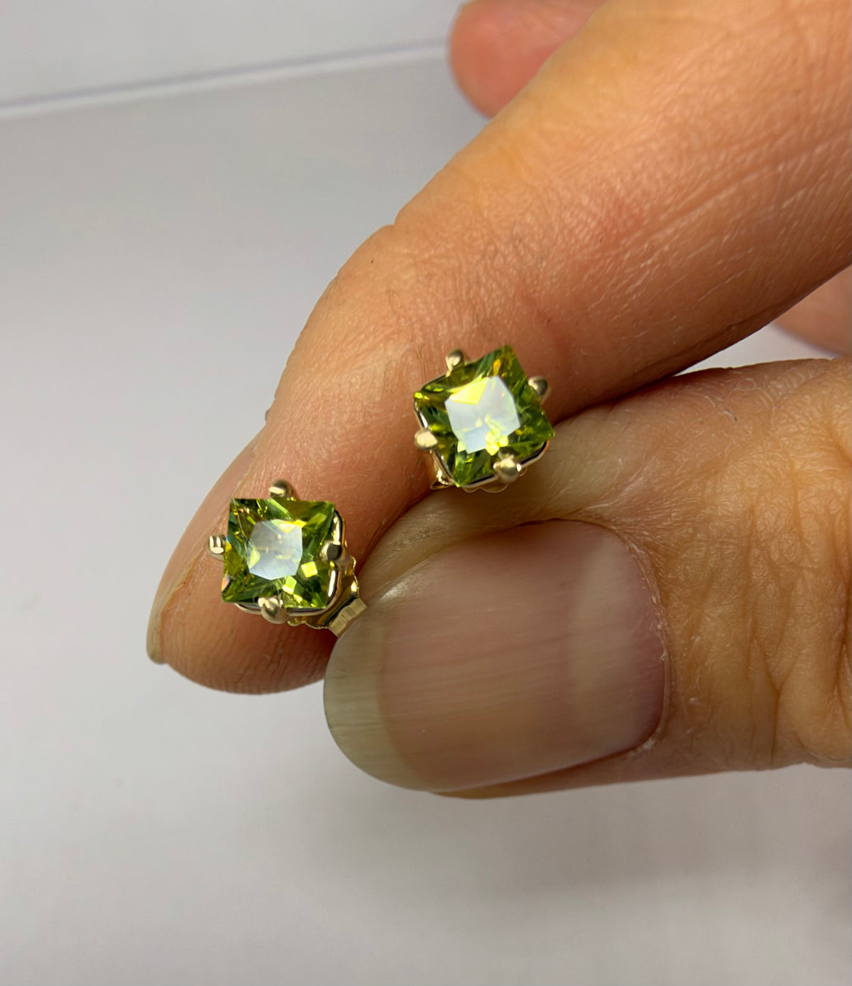 14k Gold Natural Peridot Princess Cut Stud Earrings