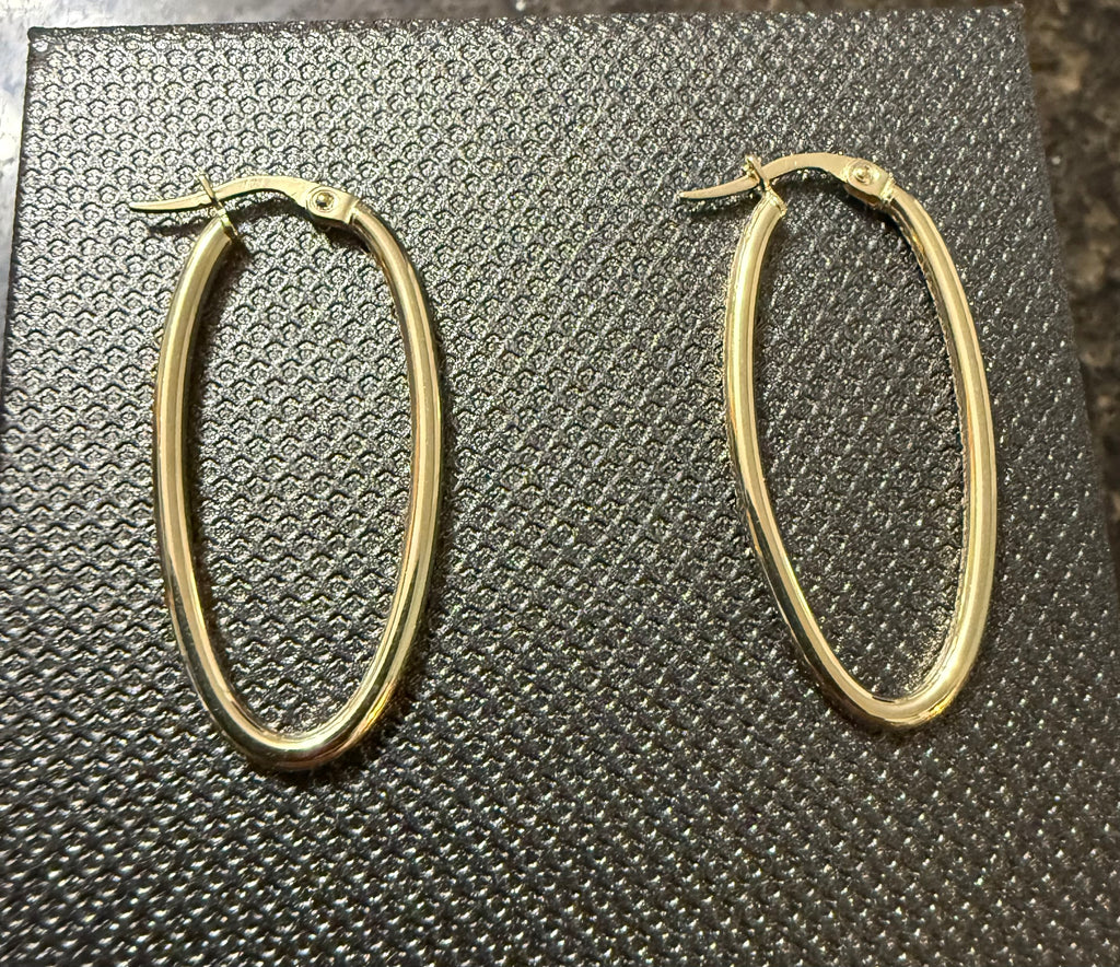 14K Yellow Gold Elongated Oval Tube 35mm Hoop Earrings