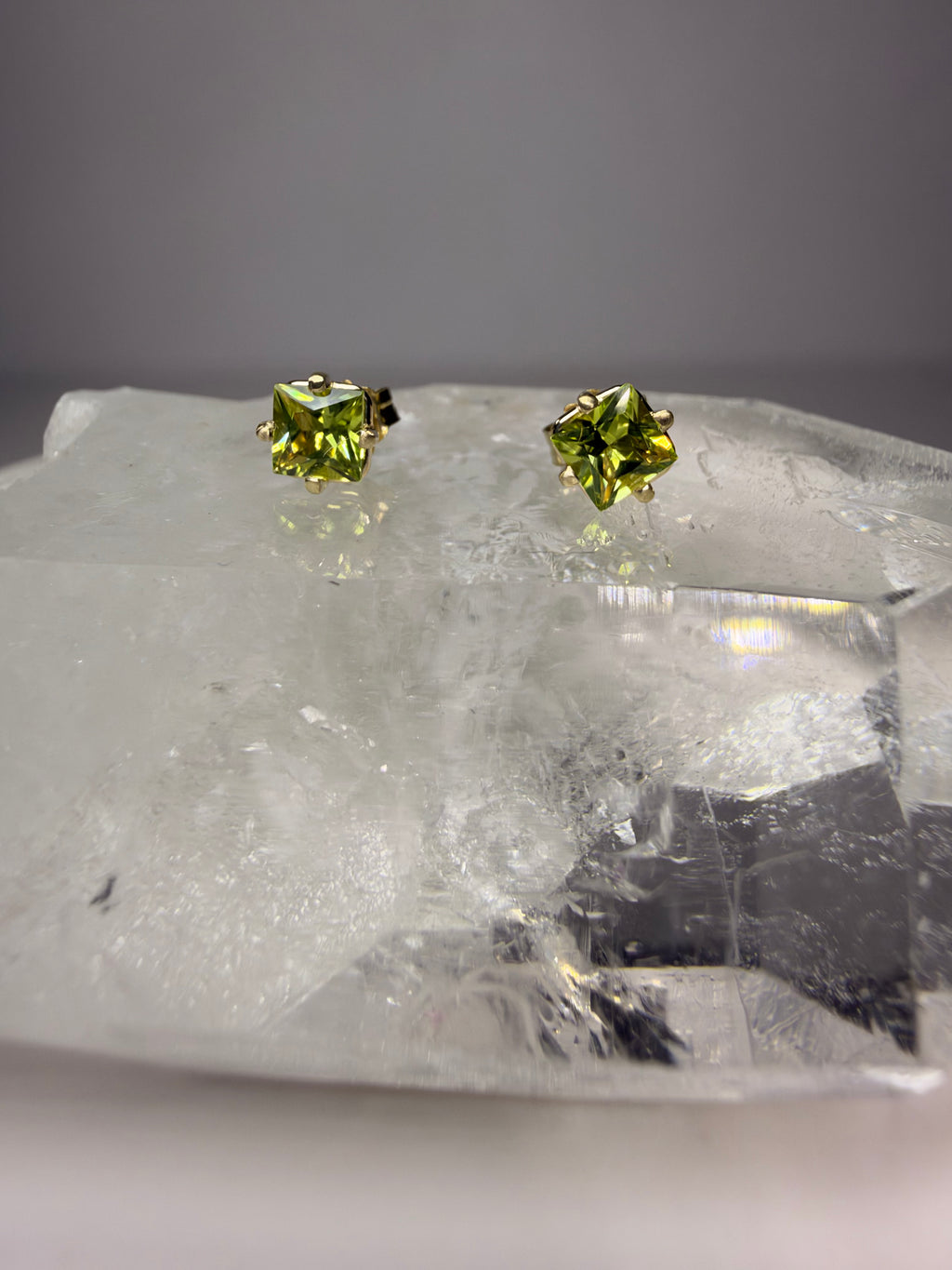 14k Gold Natural Peridot Princess Cut Stud Earrings