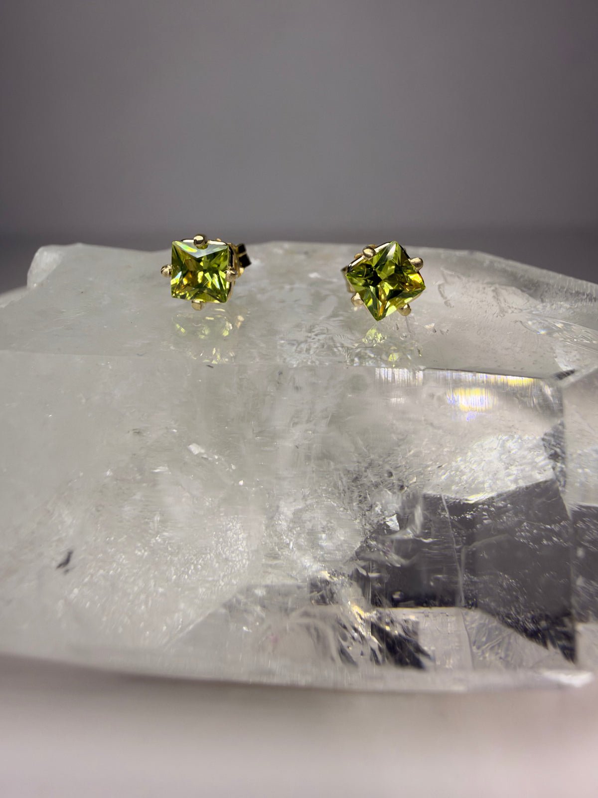 14k Gold Natural Peridot Princess Cut Stud Earrings