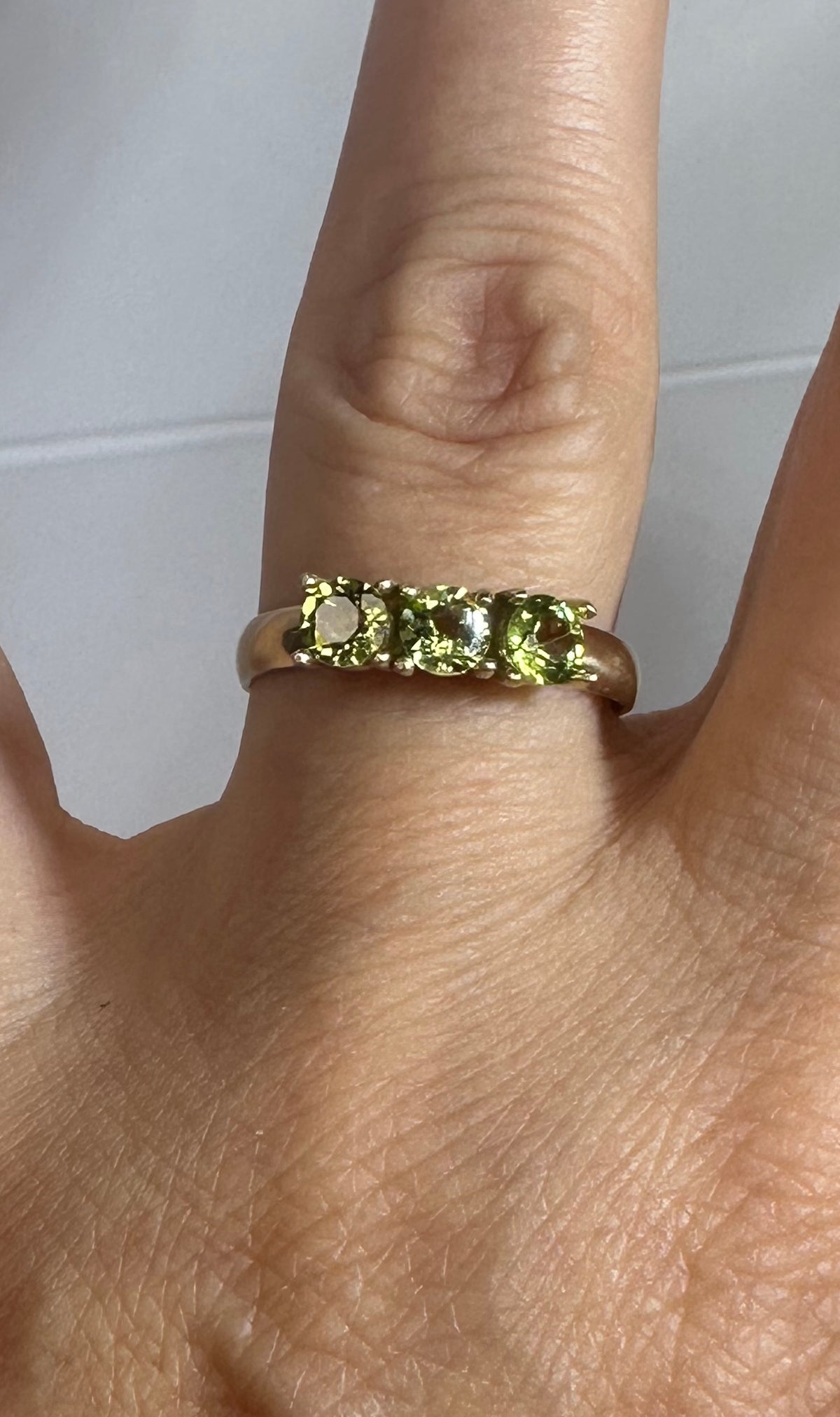 14k Yellow Gold Three Stone Setting Natural Peridot Ring