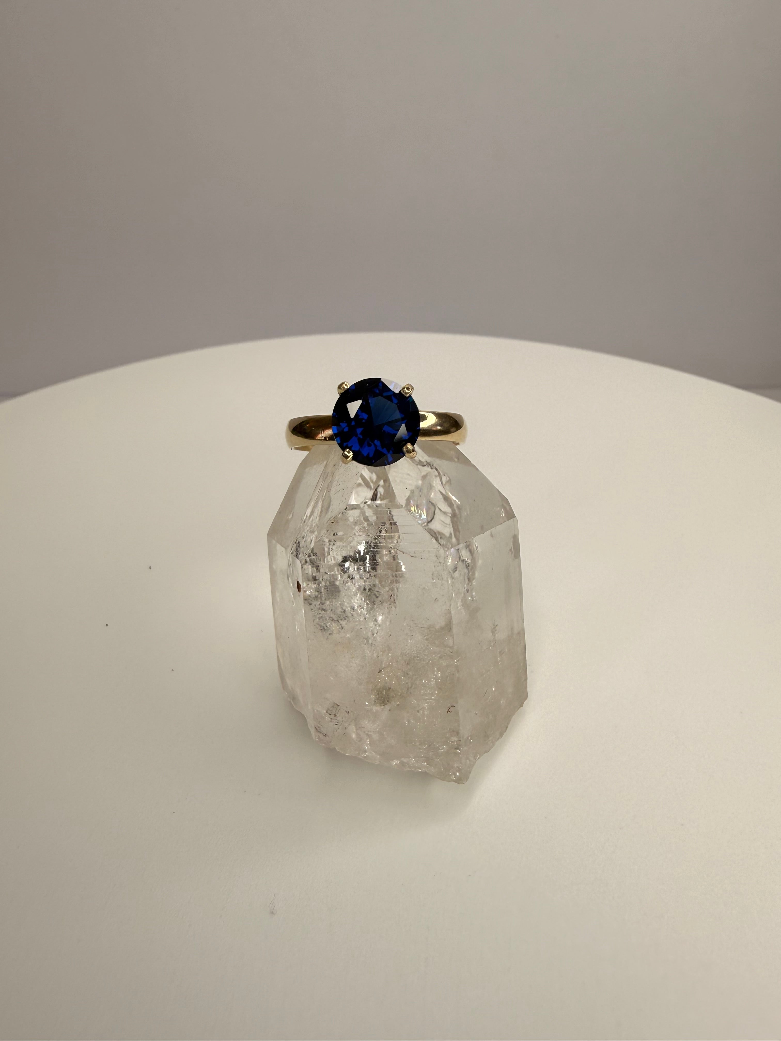 14k Solid Yellow Gold Round Blue Sapphire Ring