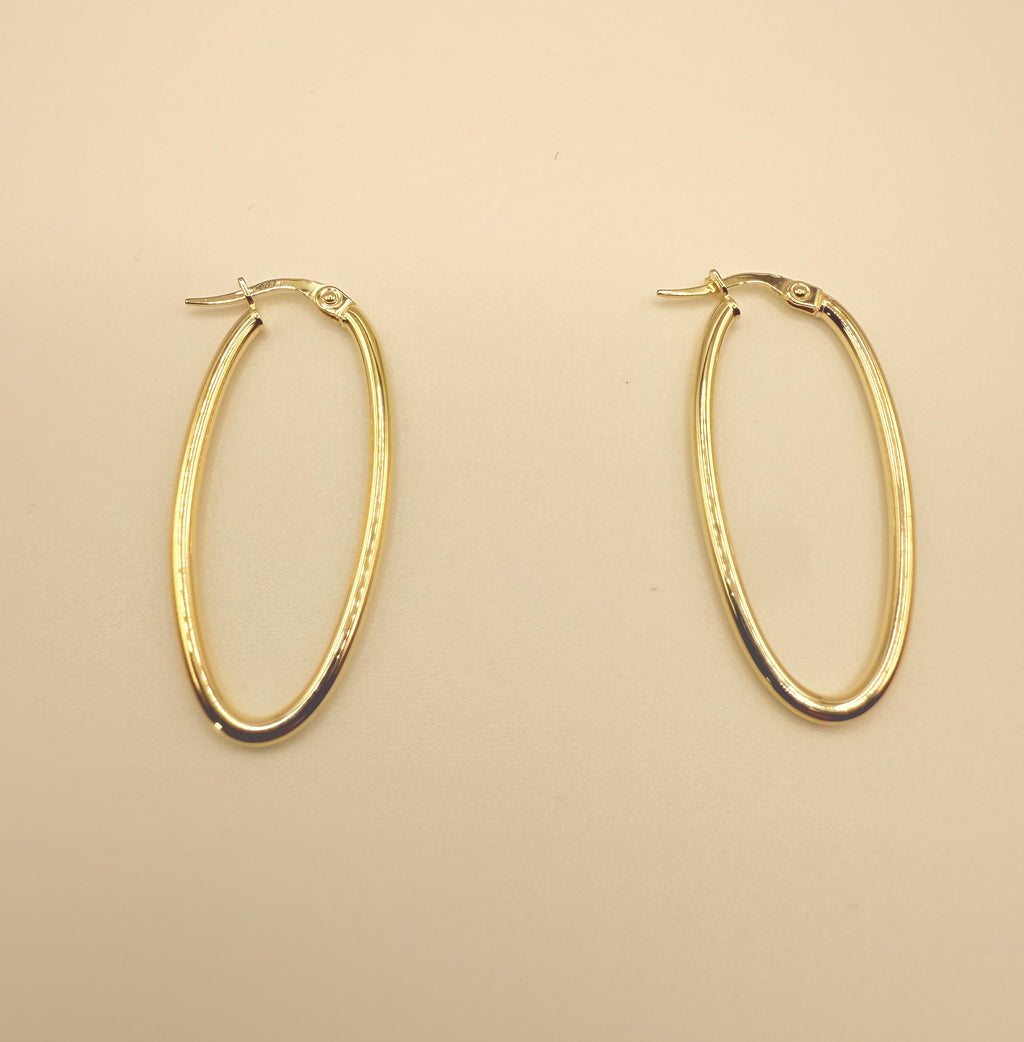 14K Yellow Gold Elongated Oval Tube 35mm Hoop Earrings