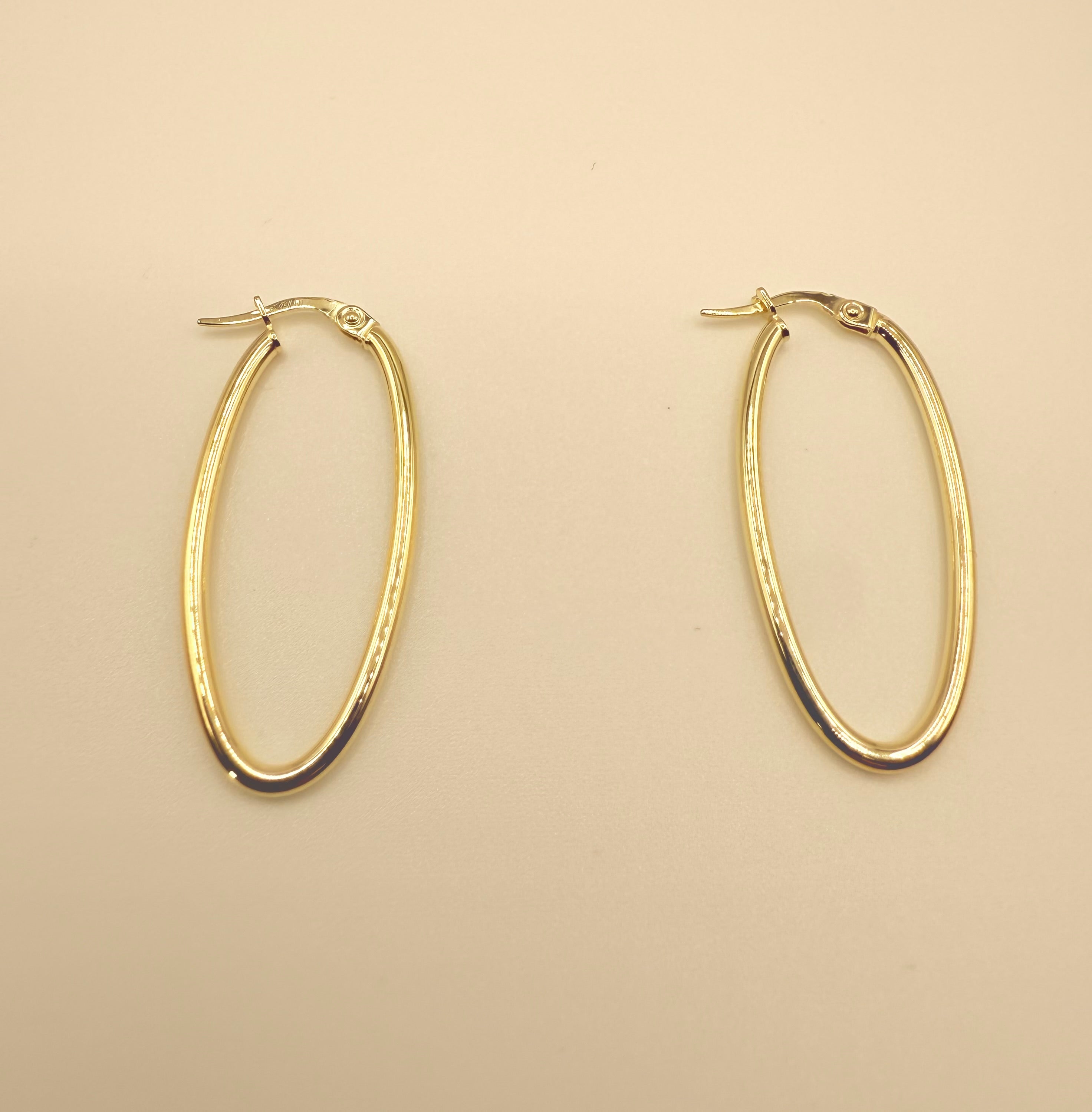 14K Yellow Gold Elongated Oval Tube 35mm Hoop Earrings
