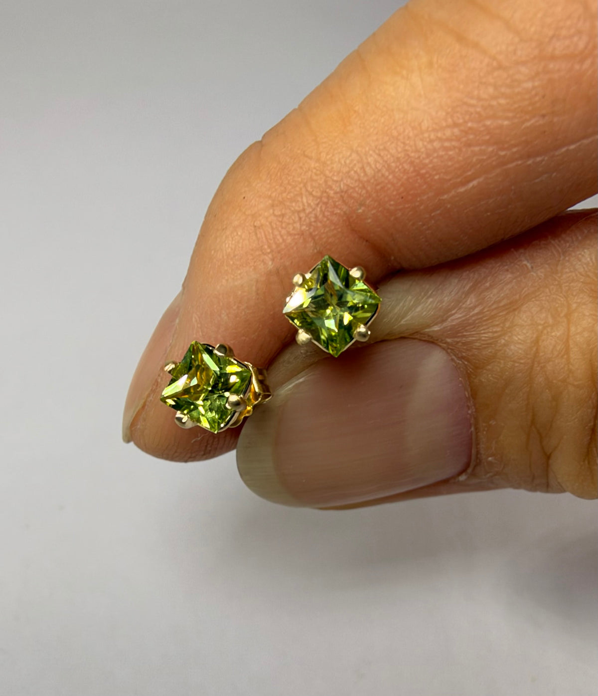14k Gold Natural Peridot Princess Cut Stud Earrings