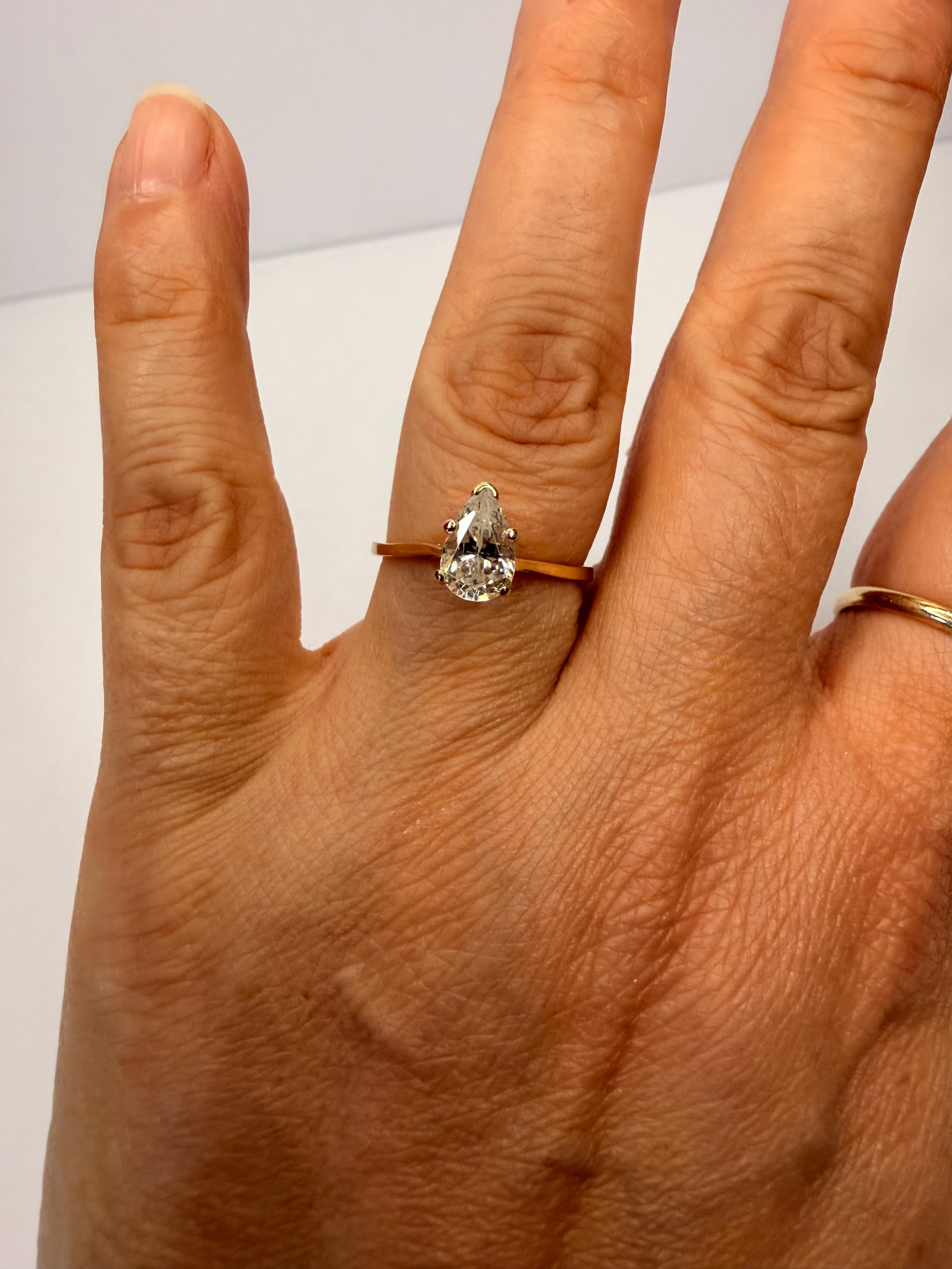 14k Yellow Gold Lab Created Diamond Teardrop Cut Ring