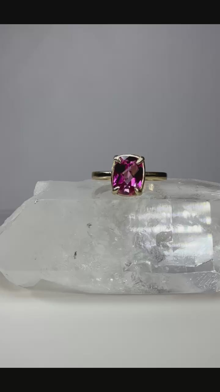14k Yellow Gold Cushion Checkerboard Cut Natural Pink Mystic Topaz Ring